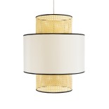 GloboStar® SAIGE 01917 Boho Κρεμαστό Φωτιστικό Καπέλο Μονόφωτο 1 x E27 IP20 Μπεζ Ρατάν με Μπεζ & Μαύρο Ύφασμα - Μ50 x Π50 x Υ60cm