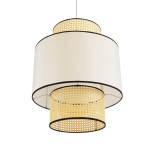 GloboStar® SAIGE 01917 Boho Κρεμαστό Φωτιστικό Καπέλο Μονόφωτο 1 x E27 IP20 Μπεζ Ρατάν με Μπεζ & Μαύρο Ύφασμα - Μ50 x Π50 x Υ60cm