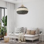 GloboStar® BARBADOS 01946 Boho Κρεμαστό Φωτιστικό Καμπάνα Μονόφωτο 1 x E27 IP20 Μπεζ & Λαδί Ξύλο - Μ40 x Π40 x Υ34cm