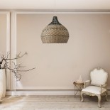 GloboStar® SEYCHELLES 01949 Boho Κρεμαστό Φωτιστικό Καμπάνα Μονόφωτο 1 x E27 IP20 Μπεζ, Καφέ & Λαδί Ξύλο - Μ60 x Π60 x Υ60cm