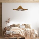 GloboStar® PALERMO 02310 Boho Κρεμαστό Φωτιστικό Καμπάνα Μονόφωτο 1 x E27 IP20 Καφέ Ρατάν - Μ60 x Π60 x Υ18cm