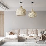 GloboStar® SANTACRUZ 01950 Boho Κρεμαστό Φωτιστικό Καμπάνα Μονόφωτο 1 x E27 IP20 Μπεζ & Καφέ Ξύλο - Μ40 x Π40 x Υ40cm