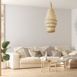 GloboStar® MAUI 02114 Boho Κρεμαστό Φωτιστικό Πλέγμα Μονόφωτο 1 x E27 IP20 Μπεζ Ξύλο - Μ30 x Π30 x Y77cm