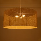 GloboStar® YOTTO 01823 Boho Κρεμαστό Φωτιστικό Καπέλο Τρίφωτο 3 x E27 IP20 Μπεζ Ρατάν - Μ90 x Π90 x Υ40cm