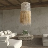 GloboStar® BASSETERRE 02163 Boho Κρεμαστό Φωτιστικό Καμπάνα Μονόφωτο 1 x E27 IP20 Μπεζ Ξύλο με Καφέ Raffia - Μ70 x Π70 x Υ170cm