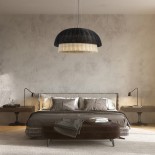 GloboStar® CORSICA 02216 Boho Κρεμαστό Φωτιστικό Καμπάνα Μονόφωτο 1 x E27 IP20 Μαύρο & Μπεζ Ξύλο - Μ70 x Π70 x Υ35cm