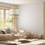 GloboStar® SAIGE 01917 Boho Κρεμαστό Φωτιστικό Καπέλο Μονόφωτο 1 x E27 IP20 Μπεζ Ρατάν με Μπεζ & Μαύρο Ύφασμα - Μ50 x Π50 x Υ60cm