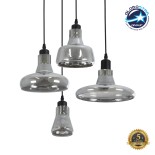 GloboStar® FEMINE 01011 Μοντέρνο Κρεμαστό Φωτιστικό Καμπάνα Σετ Πολύφωτο 4 x E27 IP20 Γκρι Γυαλί με Μαύρο Μέταλλο - Μ70 x Π70 x Y24.5cm