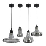 GloboStar® FEMINE 01011 Μοντέρνο Κρεμαστό Φωτιστικό Καμπάνα Σετ Πολύφωτο 4 x E27 IP20 Γκρι Γυαλί με Μαύρο Μέταλλο - Μ70 x Π70 x Y24.5cm