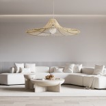 GloboStar® PALERMO 02209 Boho Κρεμαστό Φωτιστικό Καμπάνα Μονόφωτο 1 x E27 IP20 Μπεζ Ρατάν - Μ100 x Π100 x Υ30cm