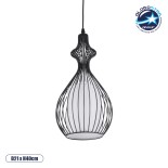 GloboStar® REA 01197 Μοντέρνο Κρεμαστό Φωτιστικό Οροφής Μονόφωτο 1 x E27 Μαύρο Μεταλλικό Πλέγμα με Υφασμάτινο Εσωτερικό Καπέλο Φ21 x Y40cm