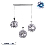 GloboStar® BOUQUET 01249 Μοντέρνο Κρεμαστό Φωτιστικό Μπάλα Τρίφωτο 3 x E27 IP20 Ασημί Μέταλλο με Μωβ Κρύσταλλο - Μ66 x Π18 x Υ24cm
