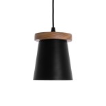 GloboStar® LANA 01424 Μοντέρνο Κρεμαστό Φωτιστικό Καμπάνα Μονόφωτο 1 x E27 IP20 Μαύρο Μέταλλο με Καφέ Ξύλο - Μ13 x Π13 x Y17cm