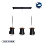 GloboStar® LANA 01425 Μοντέρνο Κρεμαστό Φωτιστικό Ράγα Τρίφωτο 3 x E27 IP20 Μαύρο Μέταλλο με Καφέ Ξύλο - Μ60 x Π13 x Υ18cm