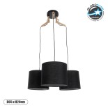 GloboStar® RAMSON 01525 Μοντέρνο Κρεμαστό Φωτιστικό Οροφής Τρίφωτο 3 x E27 Μαύρο με Ξύλο και Υφασμάτινα Καπελα Φ67 x Υ65cm