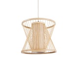 GloboStar® HIBISCUS 01632 Boho Κρεμαστό Φωτιστικό Καπέλο Μονόφωτο 1 x E27 IP20 Μπεζ Ρατάν με Μπεζ Ξύλο - Μ35 x Π35 x Y30cm