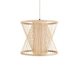 GloboStar® HIBISCUS 01632 Boho Κρεμαστό Φωτιστικό Καπέλο Μονόφωτο 1 x E27 IP20 Μπεζ Ρατάν με Μπεζ Ξύλο - Μ35 x Π35 x Y30cm