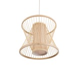 GloboStar® HIBISCUS 01632 Boho Κρεμαστό Φωτιστικό Καπέλο Μονόφωτο 1 x E27 IP20 Μπεζ Ρατάν με Μπεζ Ξύλο - Μ35 x Π35 x Y30cm