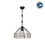 GloboStar® BEAMAX 201-0026 Μοντέρνο Κρεμαστό Φωτιστικό Πλέγμα Μονόφωτο 1 x E27 IP20 Μαύρο Μέταλλο με Μπεζ Σχοινί - Μ30 x Π30 x Υ70cm