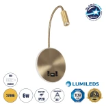 GloboStar® GOOSE 61697 Φωτιστικό Τοίχου - Απλίκα LED 6W 600lm 36° AC 220-240V IP20 - Reading Light & 360° Κρυφός Φωτισμός - Φορτιστής USB 3A - Θερμό Λευκό 2700K Χρυσό Βούρτσας - Μ15.5 x Π22.5 x Υ30cm - 5 Xρόνια Εγγύηση