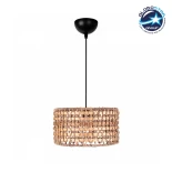 GloboStar® POMEGRANDE 204-0158 Boho Κρεμαστό Φωτιστικό Kαπέλο Μονόφωτο 1 x e27 led IP20  Μπεζ Rattan με Καφέ Ξυλο - Μ30 x Π30 x Υ16cm
