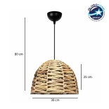 GloboStar® MEKA 204-0165 Boho Κρεμαστό Φωτιστικό Kαπέλο Μονόφωτο 1 x e27 led IP20  Καφε Rattan - Μ31 x Π31 x Υ26cm