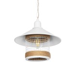 GloboStar® GLORA 201-0089 Vintage Κρεμαστό Φωτιστικό Καμπάνα Μονόφωτο 1 x E27 IP20 Λευκο Μέταλλο με Μπεζ Σχοινί - Μ30 x Π30 x Υ29cm