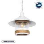 GloboStar® GLORA 201-0089 Vintage Κρεμαστό Φωτιστικό Καμπάνα Μονόφωτο 1 x E27 IP20 Λευκο Μέταλλο με Μπεζ Σχοινί - Μ30 x Π30 x Υ29cm