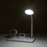 GLOBOSTAR® OLDY 76557 Μοντέρνο Επιτραπέζιο Φωτιστικό Γραφείου με Ασύρματη Φόρτιση 15W 3A, 5W Bluetooth Ηχείο & Ψηφιακό Ρολόι LED 3W 300lm 120° DC 5V με USB-C IP20 Ρυθμιζόμενο Λευκό CCT με Αφή 2700K/4500K/6000K Dimmable - Sanan SMD Chip - Λευκό - Μ13 x Π25