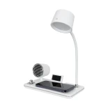GLOBOSTAR® OLDY 76557 Μοντέρνο Επιτραπέζιο Φωτιστικό Γραφείου με Ασύρματη Φόρτιση 15W 3A, 5W Bluetooth Ηχείο & Ψηφιακό Ρολόι LED 3W 300lm 120° DC 5V με USB-C IP20 Ρυθμιζόμενο Λευκό CCT με Αφή 2700K/4500K/6000K Dimmable - Sanan SMD Chip - Λευκό - Μ13 x Π25