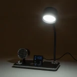 GLOBOSTAR® OLDY 76563 Μοντέρνο Επιτραπέζιο Φωτιστικό Γραφείου με Ασύρματη Φόρτιση 15W 3A, 5W Bluetooth Ηχείο & Ψηφιακό Ρολόι LED 3W 300lm 120° DC 5V με USB-C IP20 Ρυθμιζόμενο Λευκό CCT με Αφή 2700K/4500K/6000K Dimmable - Sanan SMD Chip - Μαύρο - Μ13 x Π25
