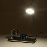 GLOBOSTAR® OLDY 76563 Μοντέρνο Επιτραπέζιο Φωτιστικό Γραφείου με Ασύρματη Φόρτιση 15W 3A, 5W Bluetooth Ηχείο & Ψηφιακό Ρολόι LED 3W 300lm 120° DC 5V με USB-C IP20 Ρυθμιζόμενο Λευκό CCT με Αφή 2700K/4500K/6000K Dimmable - Sanan SMD Chip - Μαύρο - Μ13 x Π25
