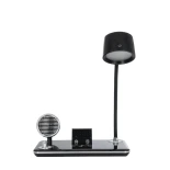 GLOBOSTAR® OLDY 76563 Μοντέρνο Επιτραπέζιο Φωτιστικό Γραφείου με Ασύρματη Φόρτιση 15W 3A, 5W Bluetooth Ηχείο & Ψηφιακό Ρολόι LED 3W 300lm 120° DC 5V με USB-C IP20 Ρυθμιζόμενο Λευκό CCT με Αφή 2700K/4500K/6000K Dimmable - Sanan SMD Chip - Μαύρο - Μ13 x Π25