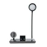 GLOBOSTAR® OLDY 76563 Μοντέρνο Επιτραπέζιο Φωτιστικό Γραφείου με Ασύρματη Φόρτιση 15W 3A, 5W Bluetooth Ηχείο & Ψηφιακό Ρολόι LED 3W 300lm 120° DC 5V με USB-C IP20 Ρυθμιζόμενο Λευκό CCT με Αφή 2700K/4500K/6000K Dimmable - Sanan SMD Chip - Μαύρο - Μ13 x Π25