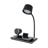 GLOBOSTAR® OLDY 76563 Μοντέρνο Επιτραπέζιο Φωτιστικό Γραφείου με Ασύρματη Φόρτιση 15W 3A, 5W Bluetooth Ηχείο & Ψηφιακό Ρολόι LED 3W 300lm 120° DC 5V με USB-C IP20 Ρυθμιζόμενο Λευκό CCT με Αφή 2700K/4500K/6000K Dimmable - Sanan SMD Chip - Μαύρο - Μ13 x Π25