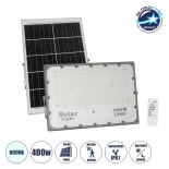 GLOBOSTAR® LUMOVOX 73070 Προβολέας LED 400W 20000lm 120° DC 5V με Φωτοβολταϊκό Panel 5V 25W & Επαναφορτιζόμενη Μπαταρία Li-ion 3.2V 20000mAh Αδιάβροχο IP65 Ψυχρό Λευκό 6000K - 400 x SMD2835 Sanan Chip - Γκρι Ανθρακί - Μ44.5 x Π0 x Υ31.2cm - 2 Χρόνια Εγγύη