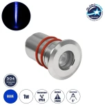 GLOBOSTAR® UNDERWATERDANI 90413 Υποβρύχιο Χωνευτό Σποτ για Σιντριβάνια/Πισίνες LED 1W 80lm 5° DC 24V Αδιάβροχο IP68 Μπλε Dimmable - Bridgelux SMD Chip - Ανοξείδωτο Ατσάλι SS304 - Μ3 x Π3 x Υ5cm / Q2.5cm - 3 Χρόνια Εγγύηση