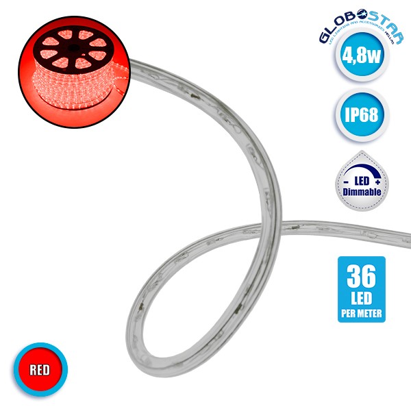 Φωτοσωλήνας LED Διάφανος 1m 4.8W/m 230V 36 LED/m Δίοδος 11mm 250lm/m Αδιάβροχος IP68 Κόκκινο Dimmable GloboStar 22515