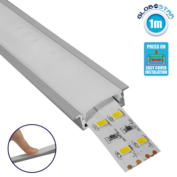 GloboStar® RECESS-PROFILE 70811-1M Προφίλ Αλουμινίου - Βάση & Ψύκτρα Ταινίας LED με Λευκό Γαλακτερό Κάλυμμα - Χωνευτή Χρήση - Πατητό Κάλυμμα - Ασημί - 1 Μέτρο - Μ100 x Π3 x Υ1.1cm