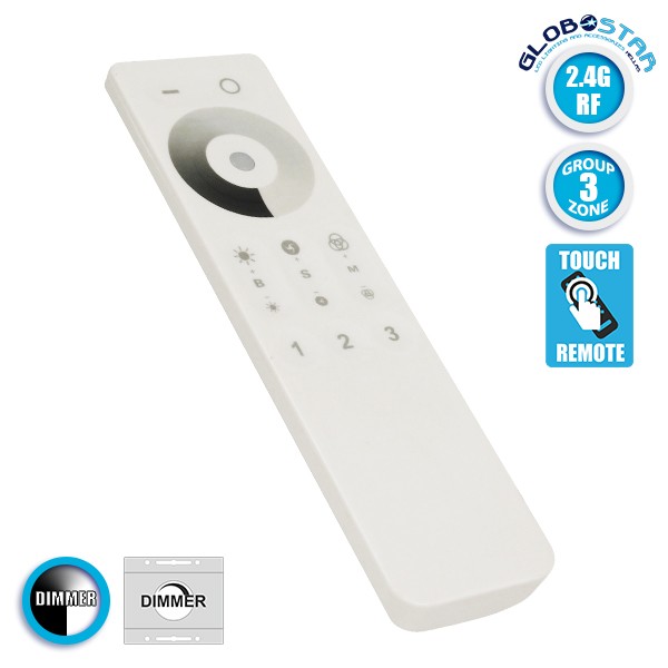 GLOBOSTAR® DIMMERGROUP 73313 RF 2.4Ghz Ασύρματο Χειριστήριο Αφής 3 Ζωνών για Μονόχρωμο Dimmer 73314 DC3V 2 x AAA IP20 - RF 2.4G - Μ15 x Π4 x Υ1cm - 2 Χρόνια Εγγύηση