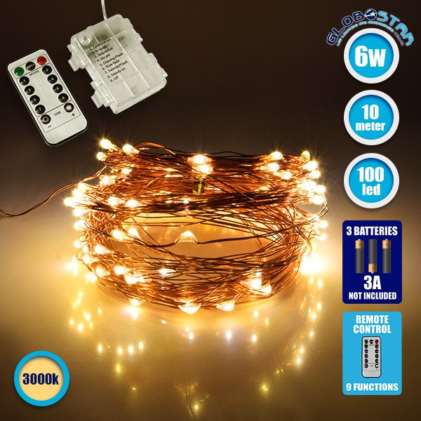 GLOBOSTAR® STRINGLIGHT 79780 Σετ Γιρλάντας 10m 100 LED με Κουτί Τροφοδοσίας & RF Ασύρματο Χειριστήριο LED 6W 360lm 360° DC 5V με 3xAAA Μπαταρίες Αδιάβροχο IP54 Θερμό Λευκό 2700Κ Dimmable - Χάλκινο - Μ1000 x Π0.6 x Υ0.6cm - 1 Χρόνο Εγγύηση