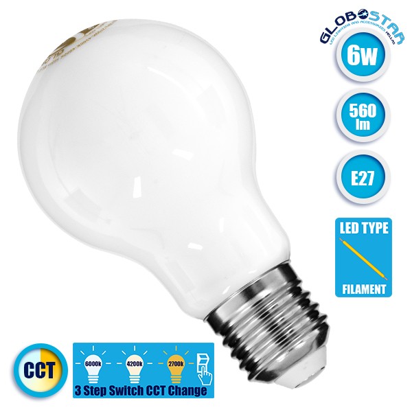 GLOBOSTAR® GLOBE 99242 Λάμπα E27 A60 LED 6W 560lm 360° AC 220-240V IP20 Ρυθμιζόμενο Λευκό CCT με On/Off 2700K/4500K/6000K - Filament Chip - Μ6 x Π6 x Υ11cm - 3 Χρόνια Εγγύηση