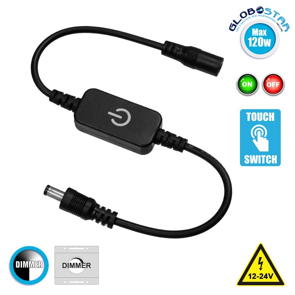 GLOBOSTAR® DIMMERANO 73304 Διακόπτης Αφής On/Off & Push Dimming με 1 x 5A 120W Κανάλι DC 12-24V 5A 120W Max IP20 - Μαύρο - Μ4 x Π2 x Υ1cm - 2 Χρόνια Εγγύηση