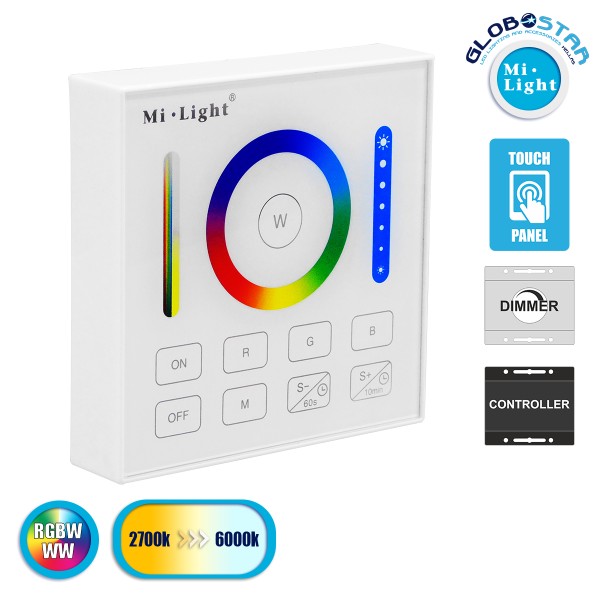 GloboStar® 73425 Mi-Light B0 LED RGBW+WW+CCT Smart Ασύρματο Χειριστήριο Αφής 2.4G RF Φορητό/Τοίχου με Μπαταρία για όλα τα Mi-Light Controller Box