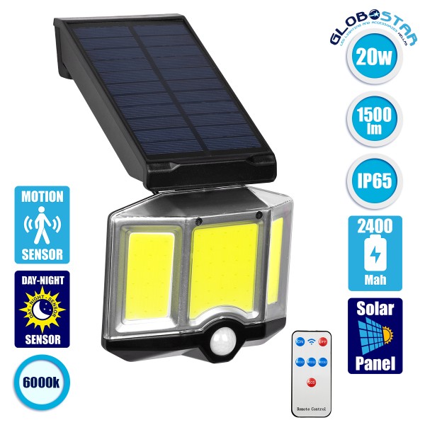 GLOBOSTAR® ORVION 71482 Προβολέας με IR Ασύρματο Χειριστήριο LED 20W 1000lm 120° DC 5V με Φωτοβολταϊκό Panel 5V 1W & Επαναφορτιζόμενη Μπαταρία Li-ion 3.2V 2400mAh Αδιάβροχο IP65 Ψυχρό Λευκό 6000K Dimmable - Sanan COB Chip - Μαύρο - Μ12.5 x Π3.5 x Υ10cm - 