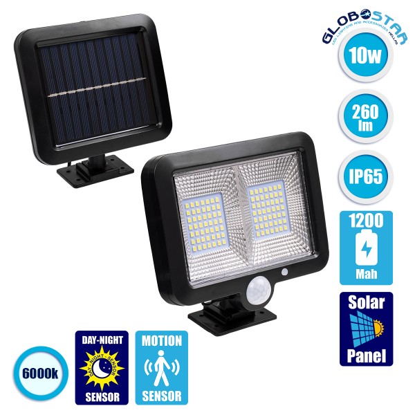 GLOBOSTAR® ZETA 71459 Προβολέας με Ανιχνευτή PIR / Αισθητήρα Κίνησης LED 20W 600lm 120° DC 5V με Φωτοβολταϊκό Panel 5V 1W & Επαναφορτιζόμενη Μπαταρία Li-ion 3.2V 2400mAh Αδιάβροχο IP65 Ψυχρό Λευκό 6000K - Sanan SMD Chip - Μαύρο - Μ15 x Π3.5 x Υ13cm - 2 Χρ