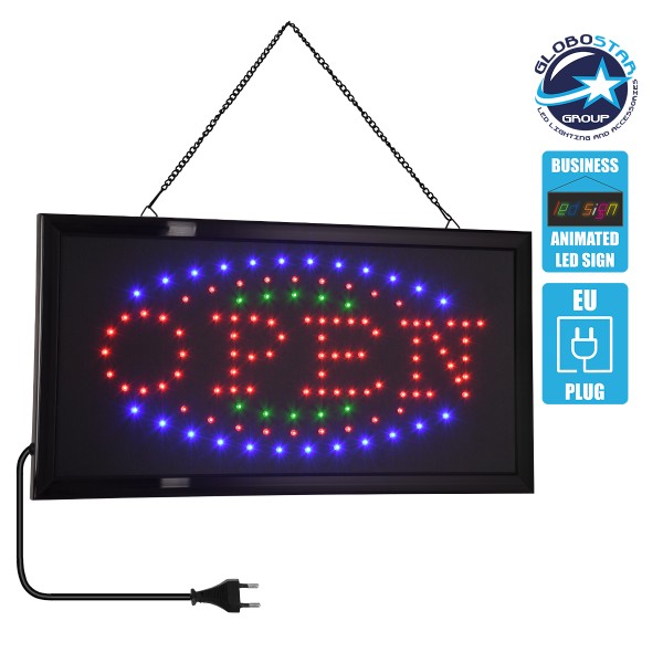 GLOBOSTAR® SIGN 75681 Διακοσμητικό Φωτιστικό Τοίχου Ένδειξης / Σήμανσης "OPEN" LED 5W 150lm 120° AC 220-240V IP20 Πολύχρωμο - Μαύρο - Μ48 x Π25 x Υ2cm - 2 Χρόνια Εγγύηση