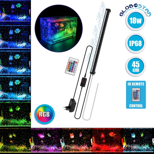 GLOBOSTAR® AQUARIUS 79676 Φωτιστικό Ενυδρείου με Οξυγονωτή & IR Ασύρματο Χειριστήριο LED 18W 900lm 180° AC 220-240V Αδιάβροχο IP68 Πολύχρωμο RGB Dimmable - Sanan SMD Chip - Μαύρο - Μ45 x Π2.8 x Υ1.3cm - 2 Χρόνια Εγγύηση