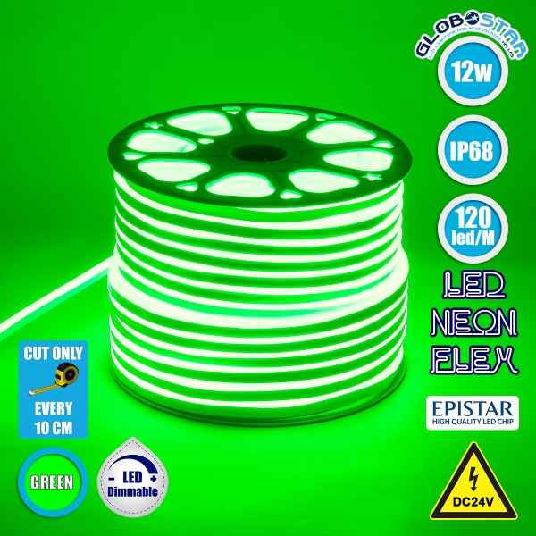 GLOBOSTAR® NEOVALE 70564 Ταινία Neon Flex LED 12W/m 600lm/m 120° DC 24V Αδιάβροχο IP65 120 x SMD2835 Chip/m Πράσινο Dimmable - Sanan SMD Chip - Μ100 x Π0.8 x Υ1.6cm - 3 Χρόνια Εγγύηση