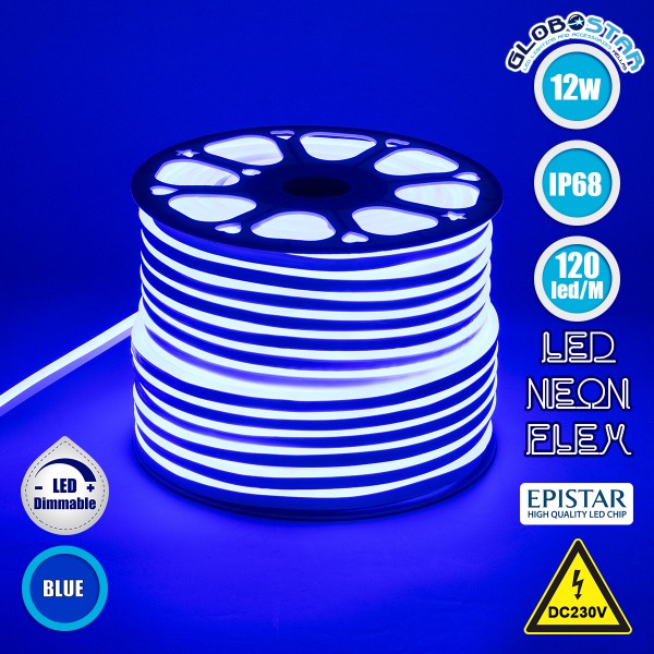 GLOBOSTAR® NEOVALE 70575 Ταινία Neon Flex LED 12W/m 600lm/m 120° DC 220-240V Αδιάβροχο IP65 120 x SMD2835 Chip/m Μπλε Dimmable - Sanan SMD Chip - Μ100 x Π0.8 x Υ1.6cm - 3 Χρόνια Εγγύηση